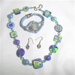 Handmade Designer Set in Blue Leather  Polymer Clay Jewelry Set