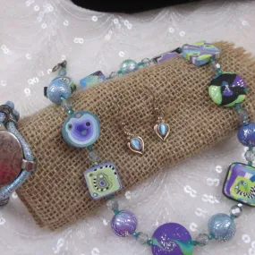 Handmade Designer Set in Blue Leather  Polymer Clay Jewelry Set