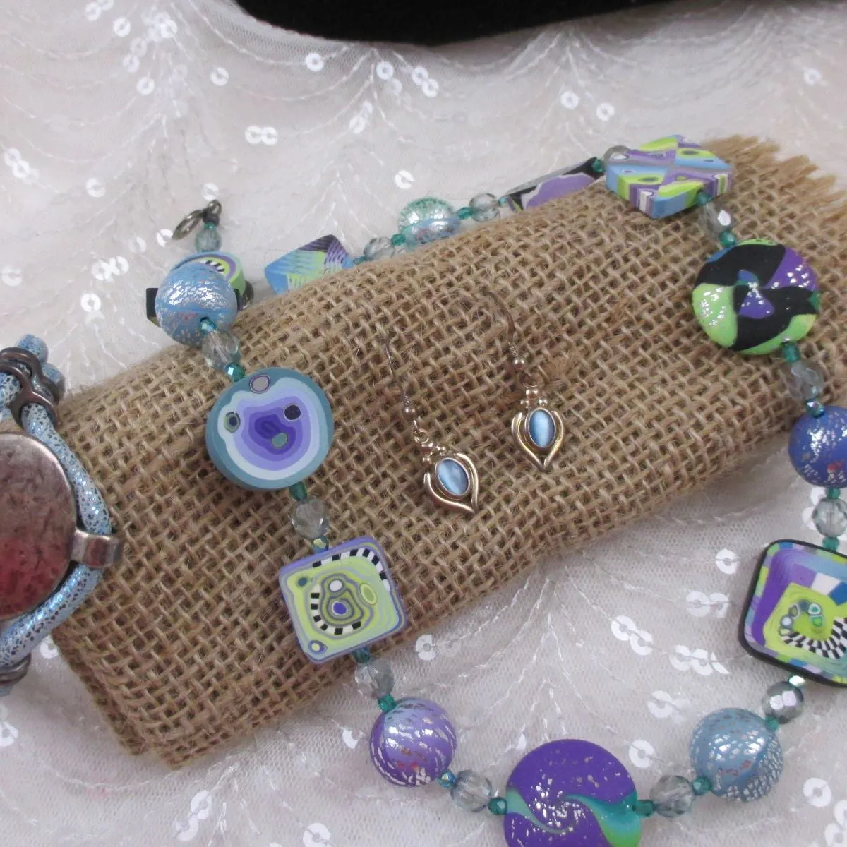 Handmade Designer Set in Blue Leather  Polymer Clay Jewelry Set