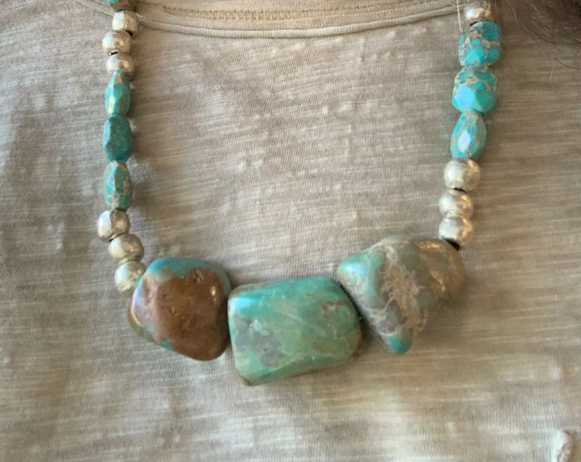 Handmade Turquoise Chunk & Vintage Bead Necklace