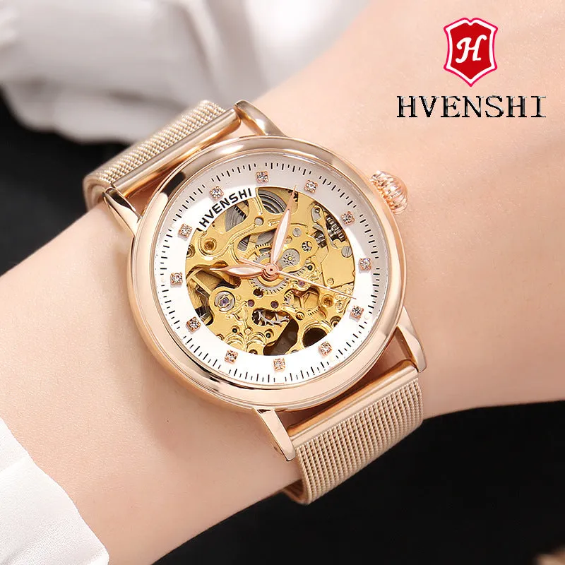 Huangshi Watch Women's Hollow Luminous Automatic Mechanical Watch Fashion Belt Business Women's Watch