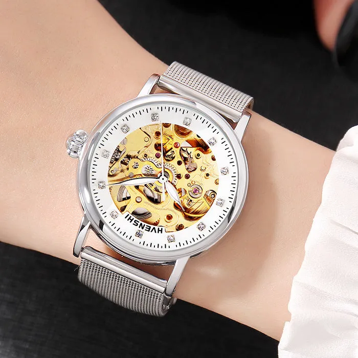 Huangshi Watch Women's Hollow Luminous Automatic Mechanical Watch Fashion Belt Business Women's Watch