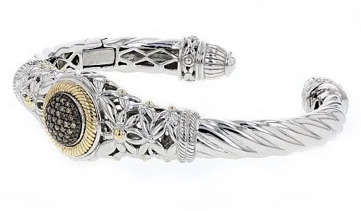 Italian sterling silver bangle bracelet with solid 14K yellow gold accent and 0.27ct brown diamonds