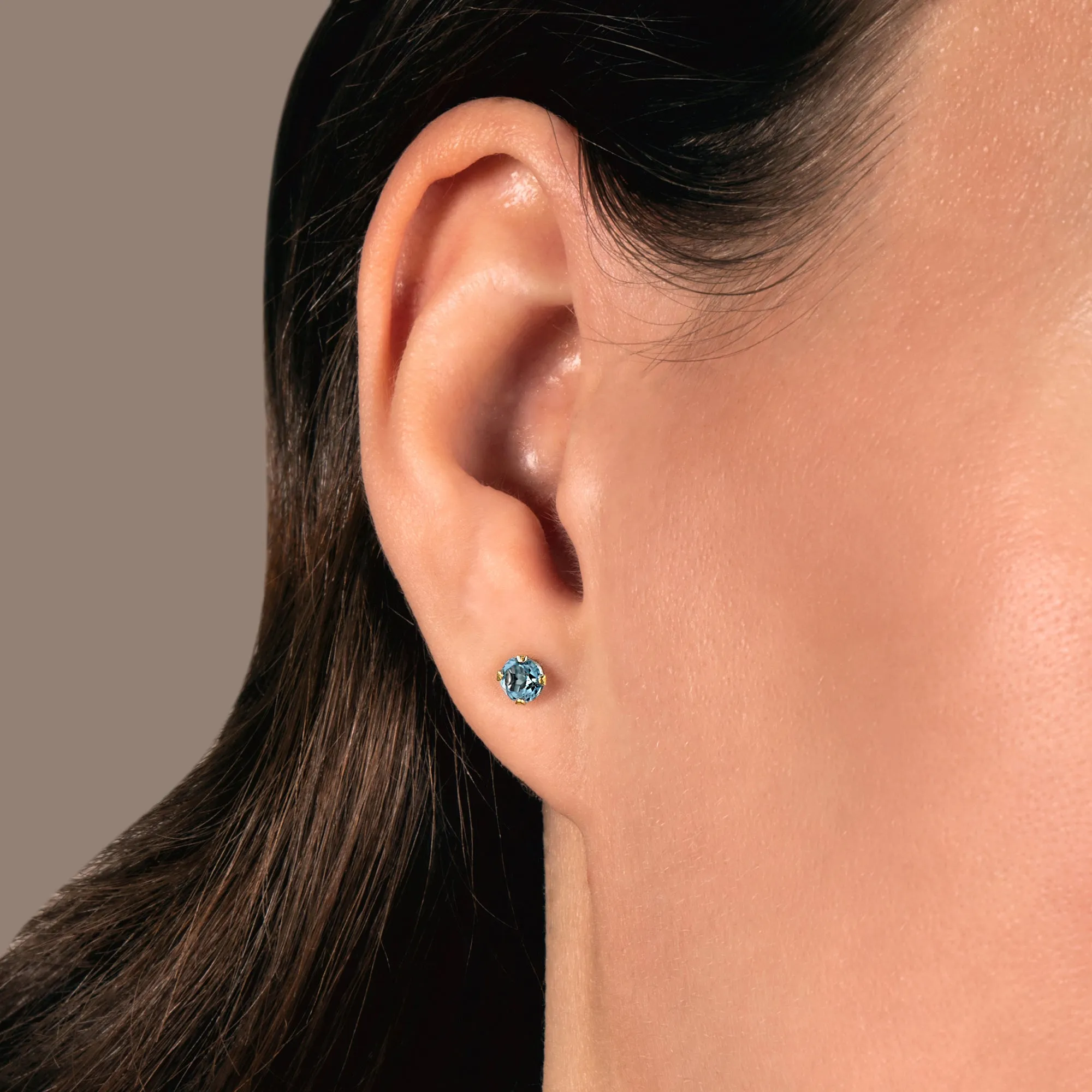 Jewelili 10K Yellow Gold with Round Shape Swiss Blue Topaz Stud Earrings