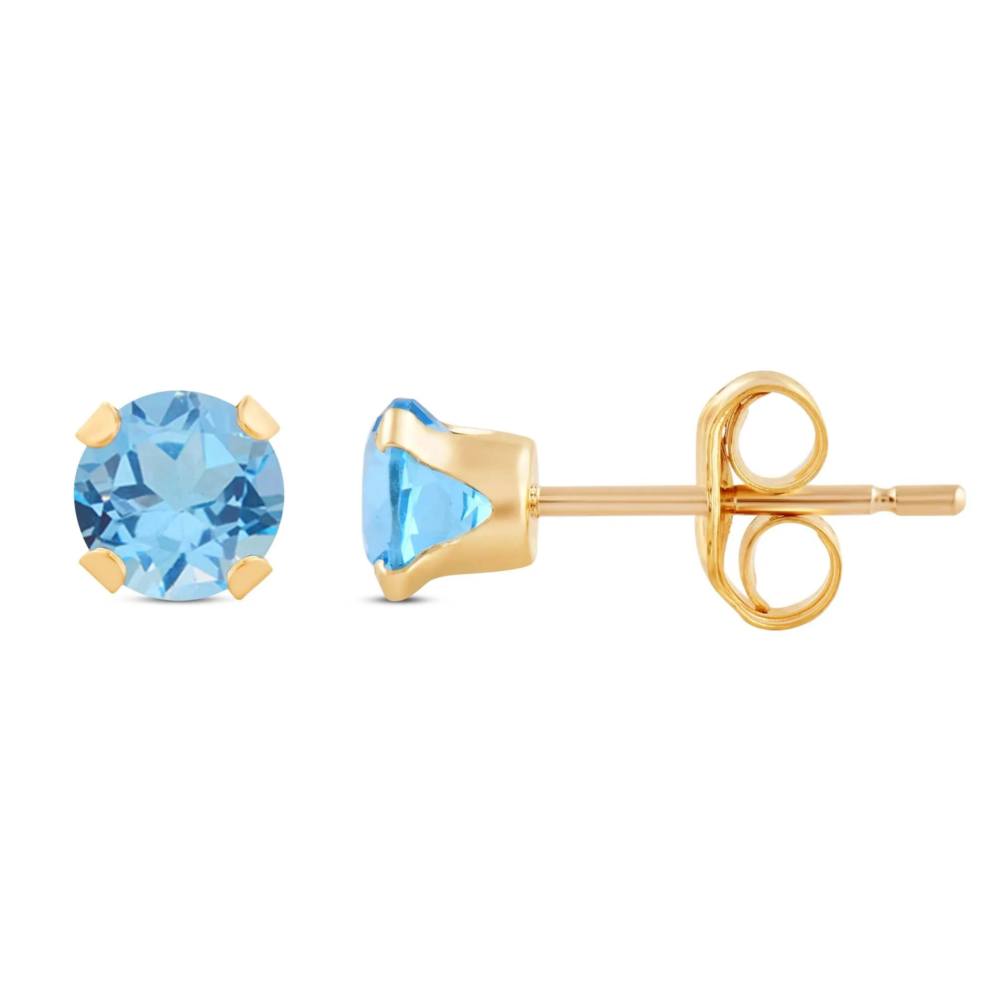 Jewelili 10K Yellow Gold with Round Shape Swiss Blue Topaz Stud Earrings