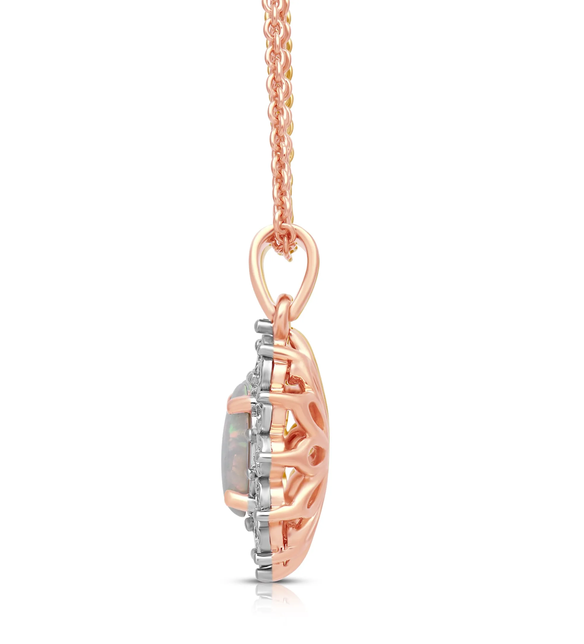 Jewelili 14K Rose Gold over Sterling Silver 7x5 MM Oval Cut Created Opal and 1/20 Cttw Natural White Round Diamond Halo Pendant Necklace