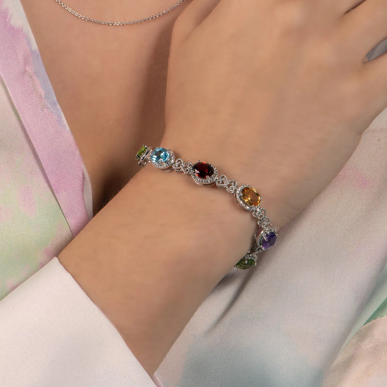 Jewelili Sterling Silver Multi Gemstone Bracelet, 7.25 inches