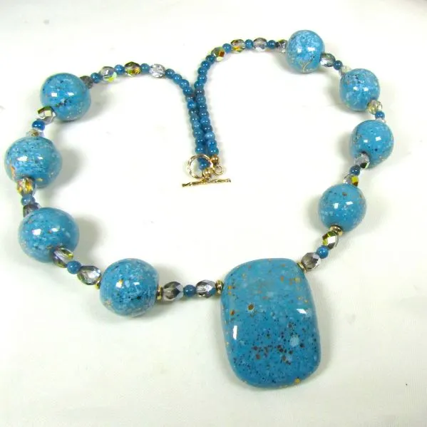 Kazuri Fair Trade  Bead Necklace in Turquoise and Gold with Pendant