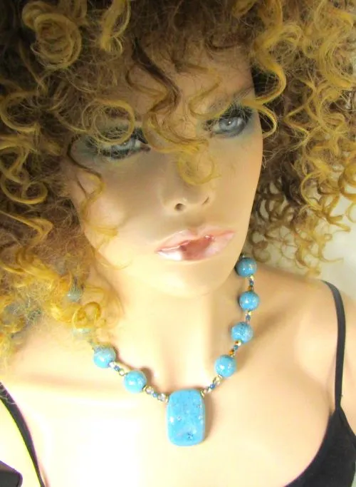 Kazuri Fair Trade  Bead Necklace in Turquoise and Gold with Pendant