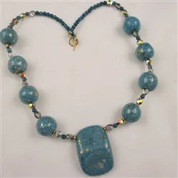 Kazuri Fair Trade  Bead Necklace in Turquoise and Gold with Pendant