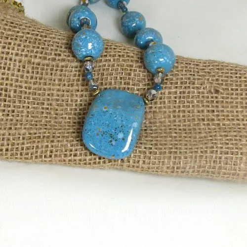 Kazuri Fair Trade  Bead Necklace in Turquoise and Gold with Pendant