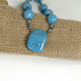 Kazuri Fair Trade  Bead Necklace in Turquoise and Gold with Pendant