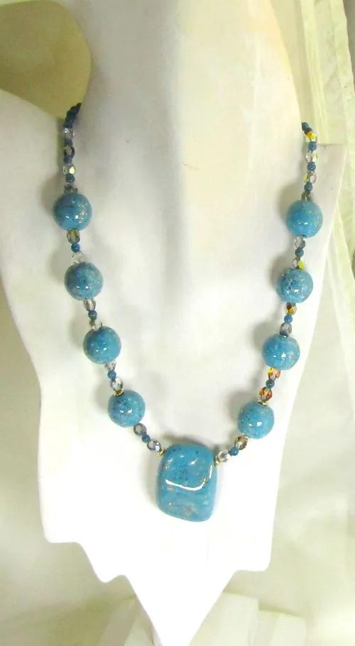 Kazuri Fair Trade  Bead Necklace in Turquoise and Gold with Pendant