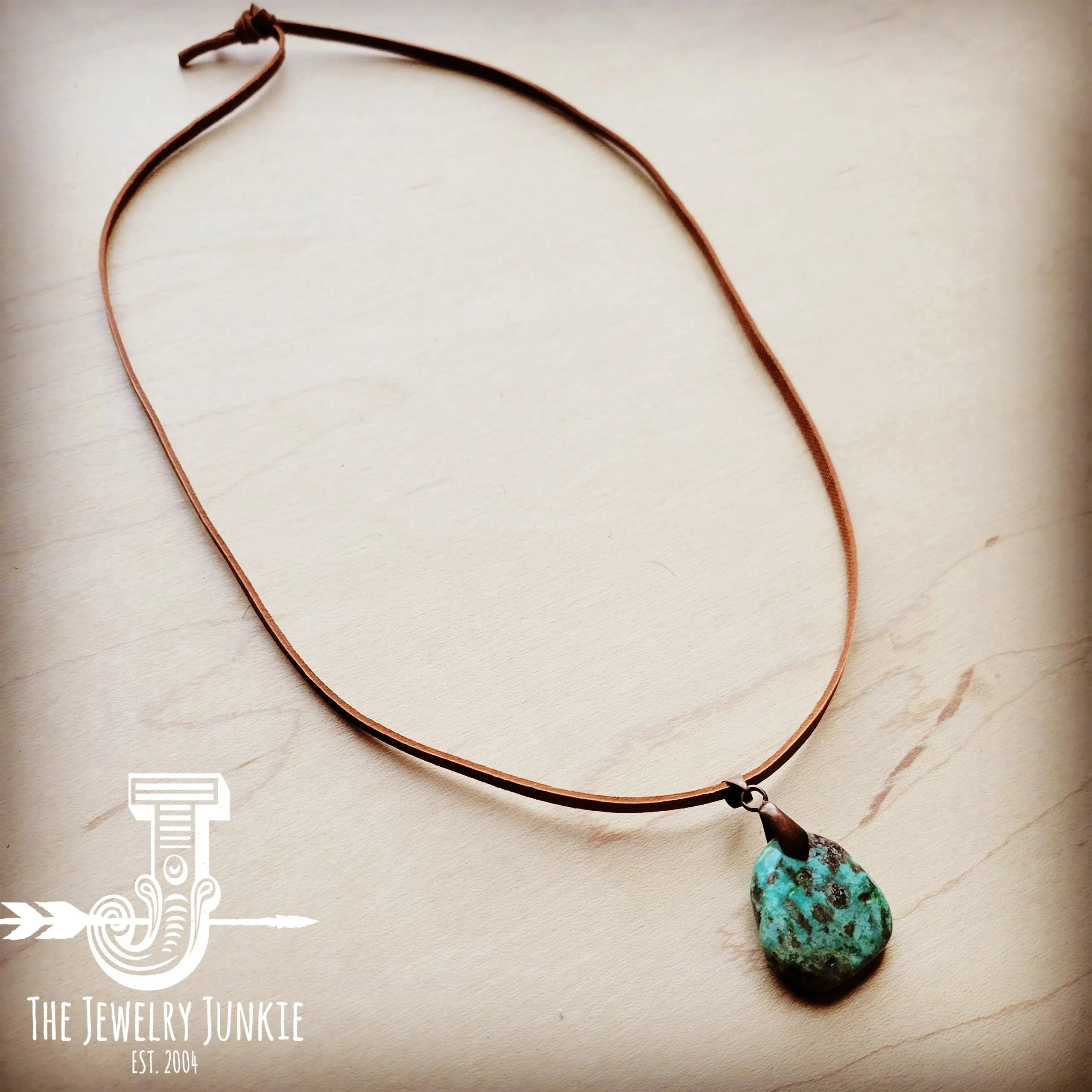 Leather Necklace with Natural Turquoise Pendant-Tan 249q