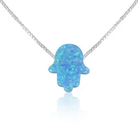 Light Blue Opal Hamsa Hand Necklace - 15 to 22 Inch Sterling Silver Box Chain FREE EVIL EYE BRACELET with order