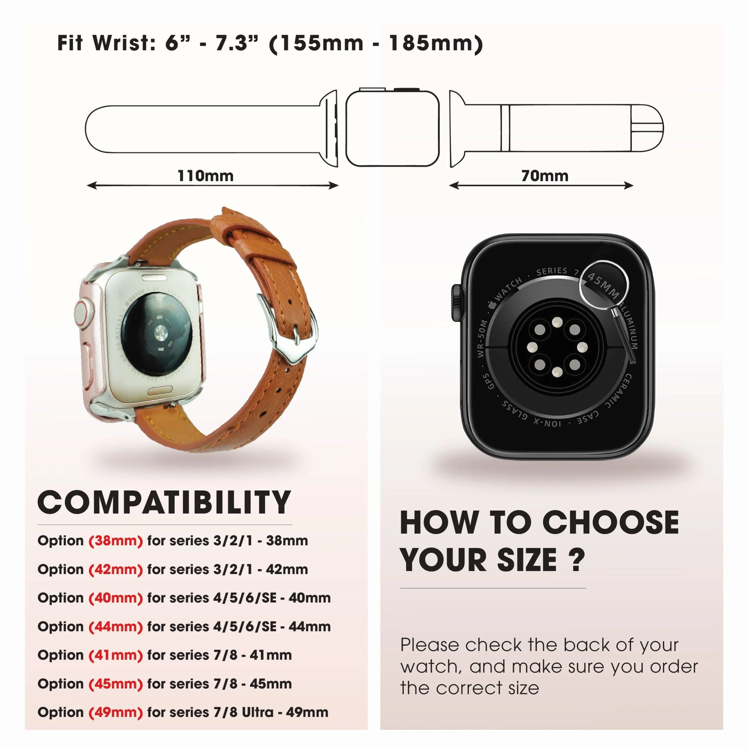 Light Brown Flat Ostrich Leather Band Compatible Apple Watch Iwatch 49mm Screen Protector Case Gold Adapter Replacement Strap For Smartwatch Series 7 8 Leather Handmade AW-186G-W-49MM