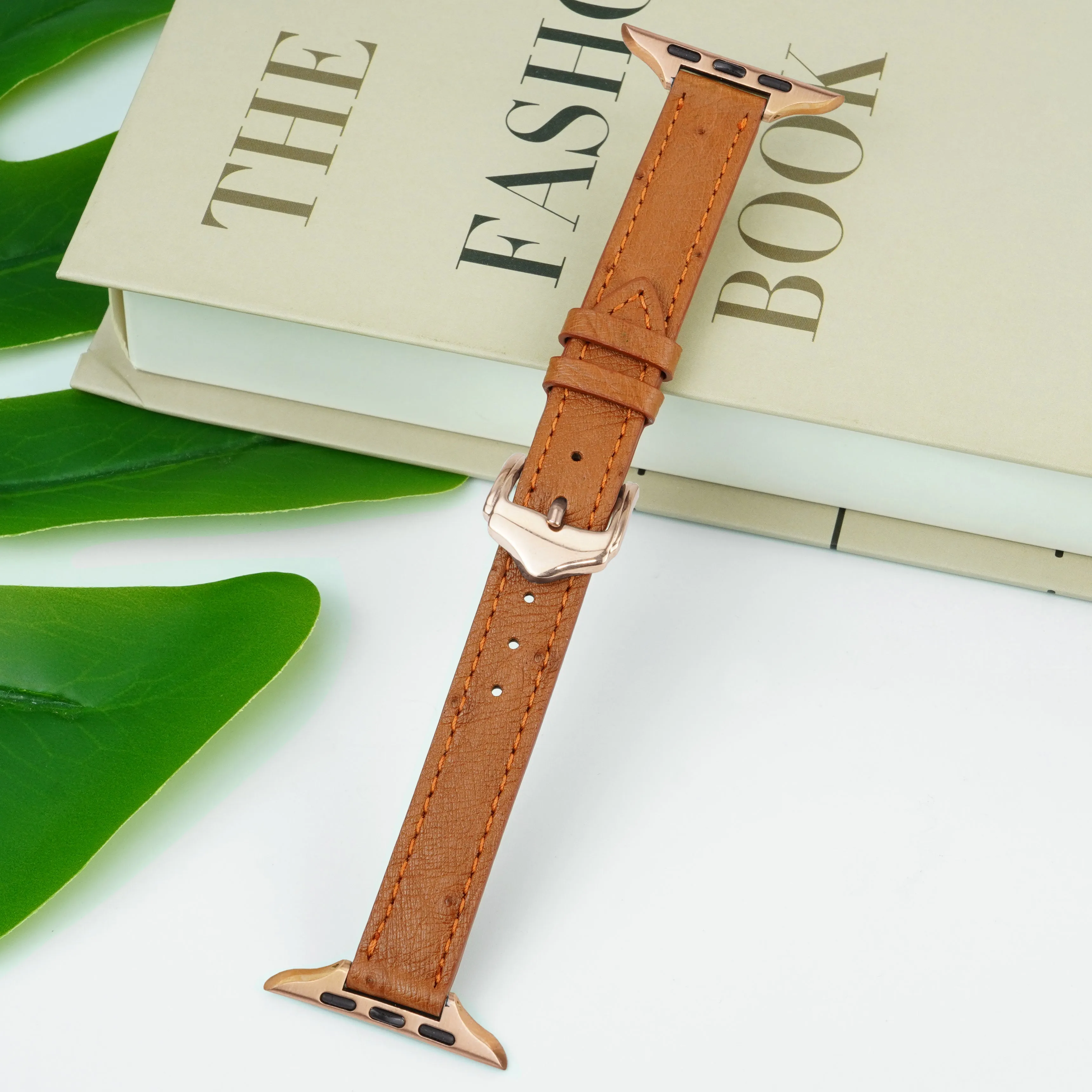 Light Brown Flat Ostrich Leather Band Compatible Apple Watch Iwatch 49mm Screen Protector Case Gold Adapter Replacement Strap For Smartwatch Series 7 8 Leather Handmade AW-186G-W-49MM