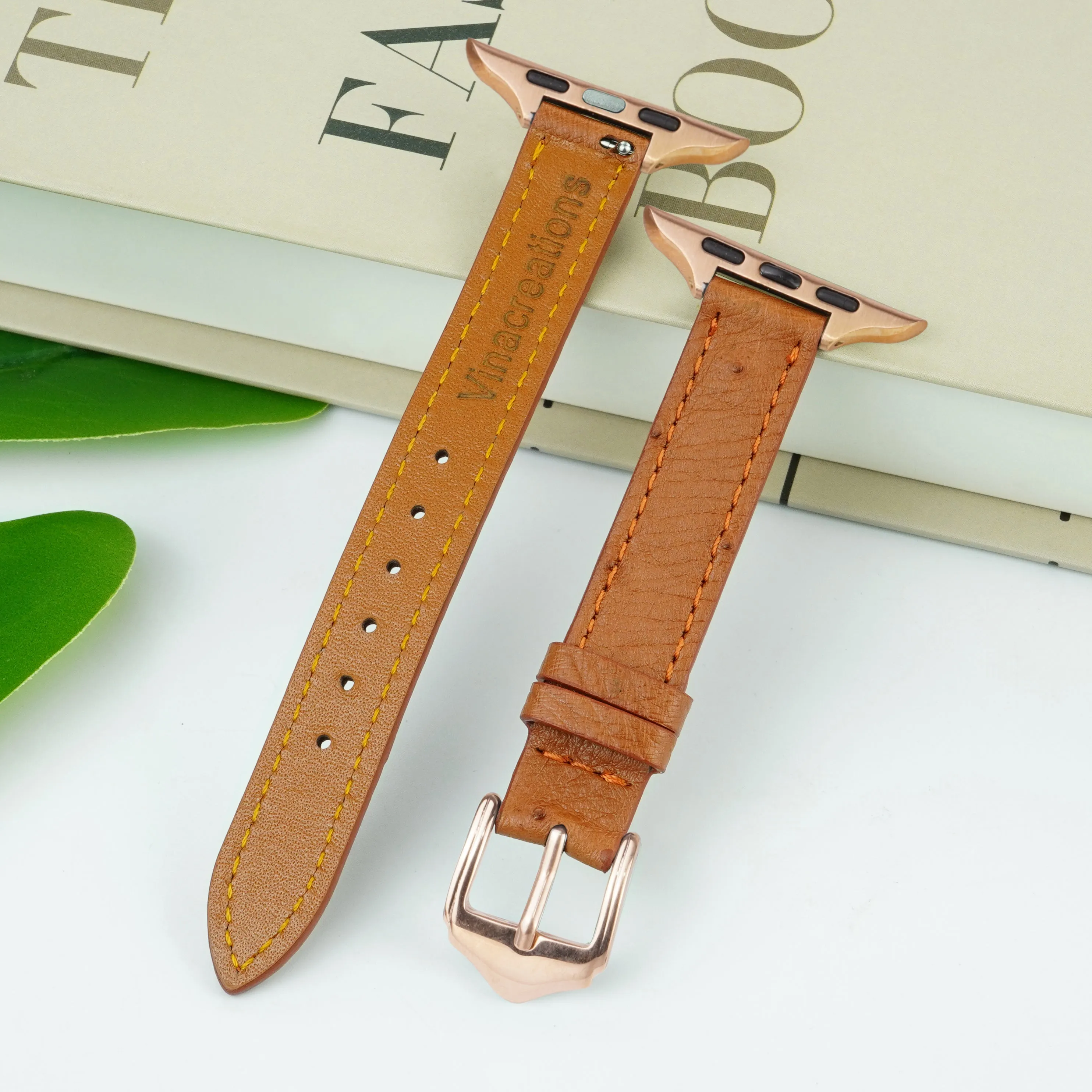 Light Brown Flat Ostrich Leather Band Compatible Apple Watch Iwatch 49mm Screen Protector Case Gold Adapter Replacement Strap For Smartwatch Series 7 8 Leather Handmade AW-186G-W-49MM