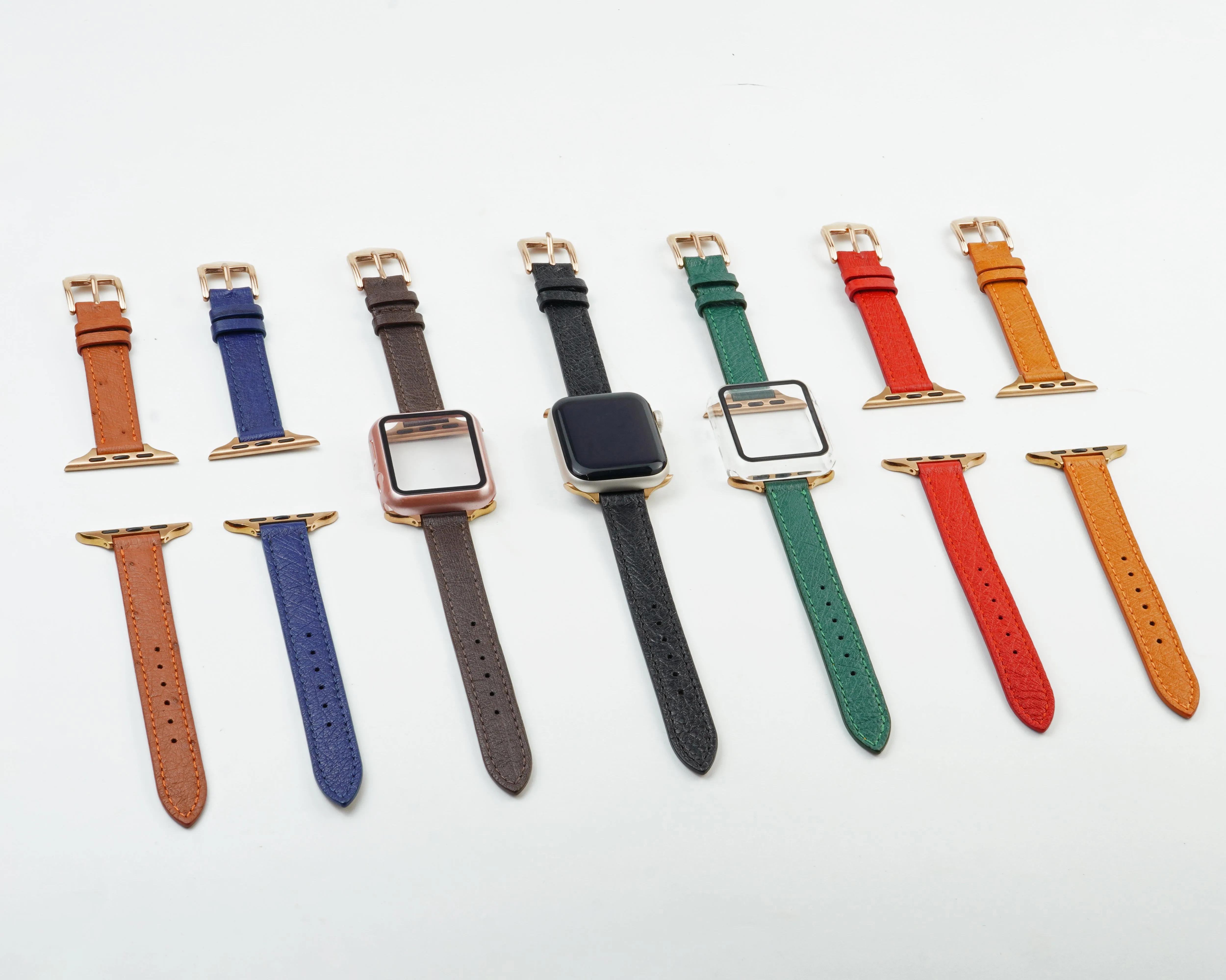 Light Brown Flat Ostrich Leather Band Compatible Apple Watch Iwatch 49mm Screen Protector Case Gold Adapter Replacement Strap For Smartwatch Series 7 8 Leather Handmade AW-186G-W-49MM