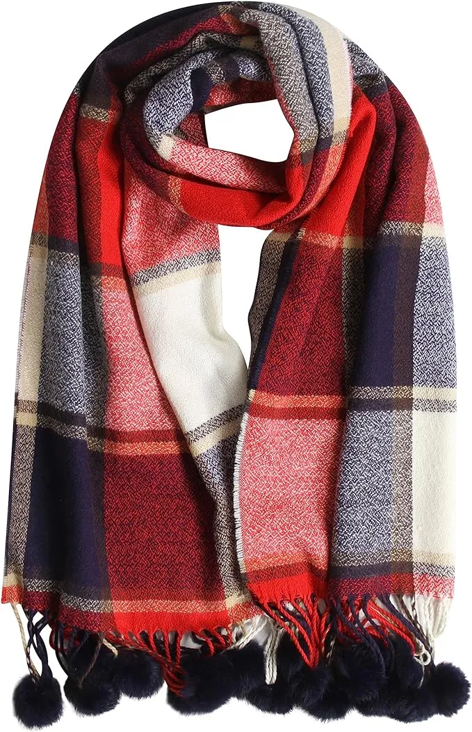 Luxurious Women's Oversized Soft Touch Scarf Blanket with Pom Poms Red and Pink Check Shawl Wrap Warm Winter Fashion 100 Acrylic by Sock Stack