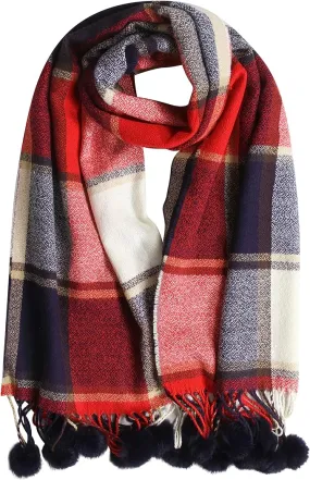 Luxurious Women's Oversized Soft Touch Scarf Blanket with Pom Poms Red and Pink Check Shawl Wrap Warm Winter Fashion 100 Acrylic by Sock Stack