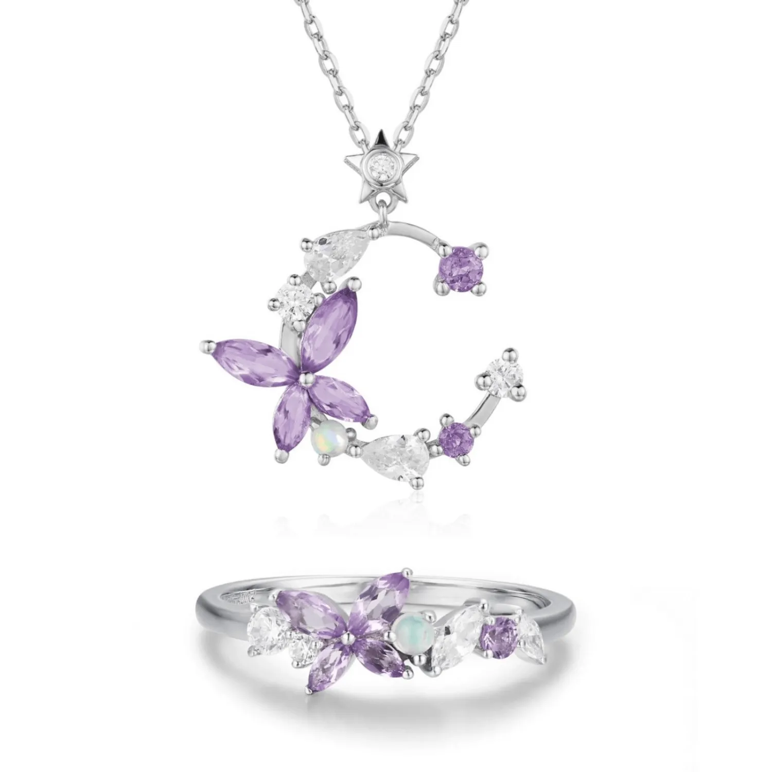 Monarch Butterfly Amethyst Opal Ring and Necklace Set