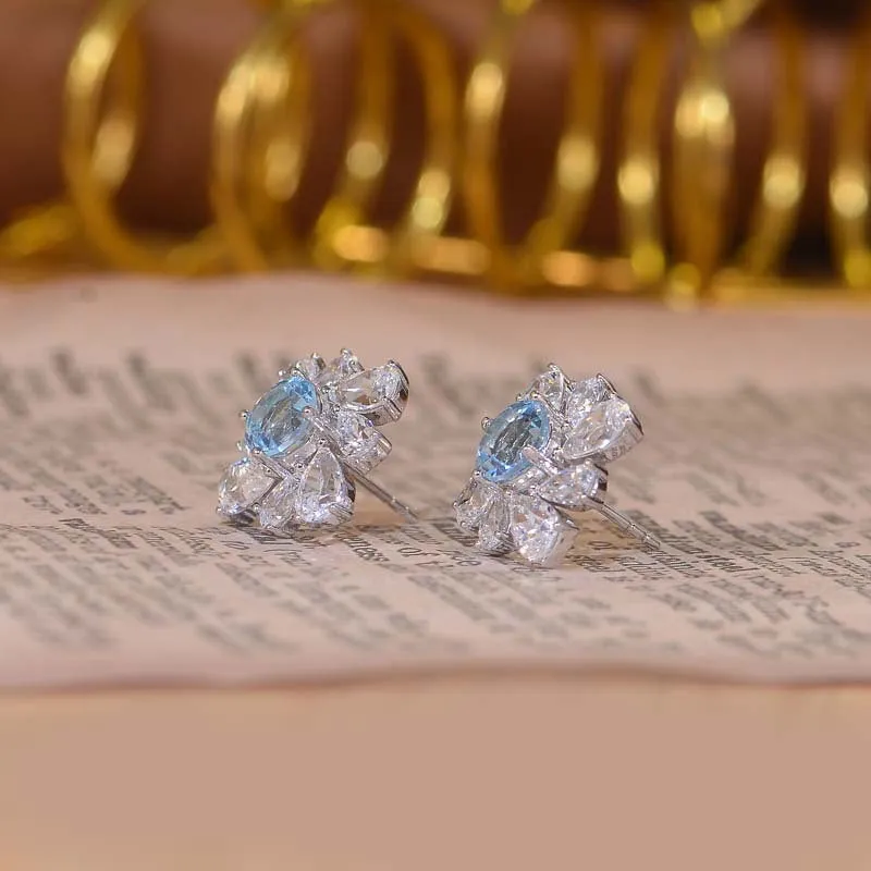 Natural Blue Topaz and Zircon Water Droplet Silver Stud Earrings
