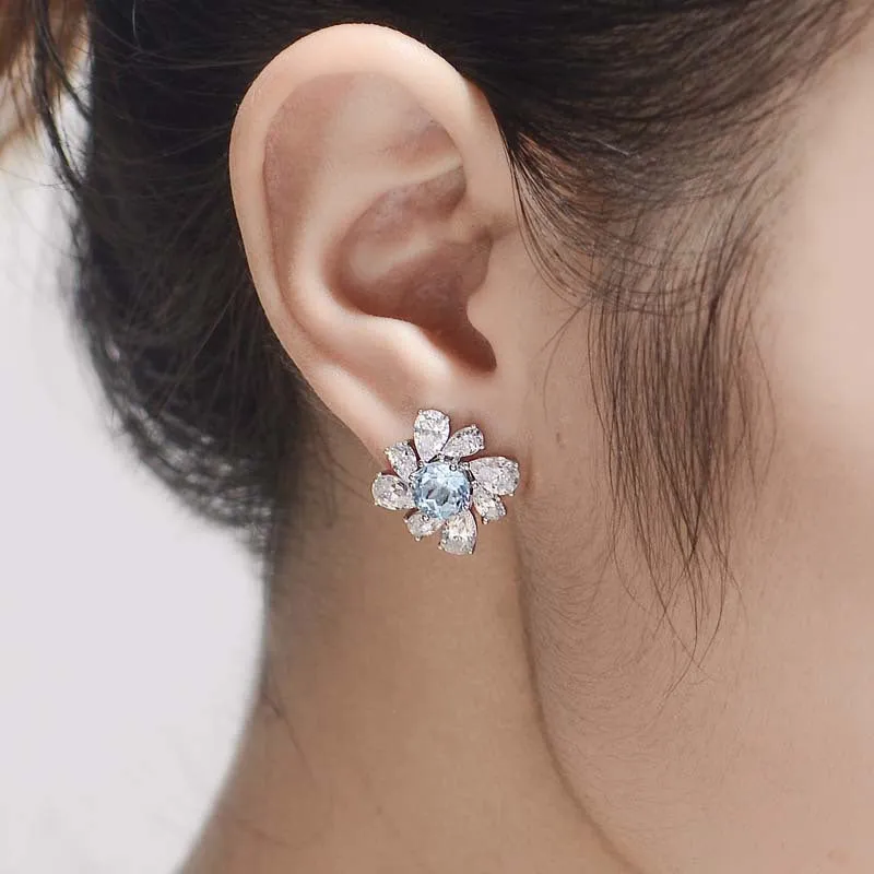 Natural Blue Topaz and Zircon Water Droplet Silver Stud Earrings