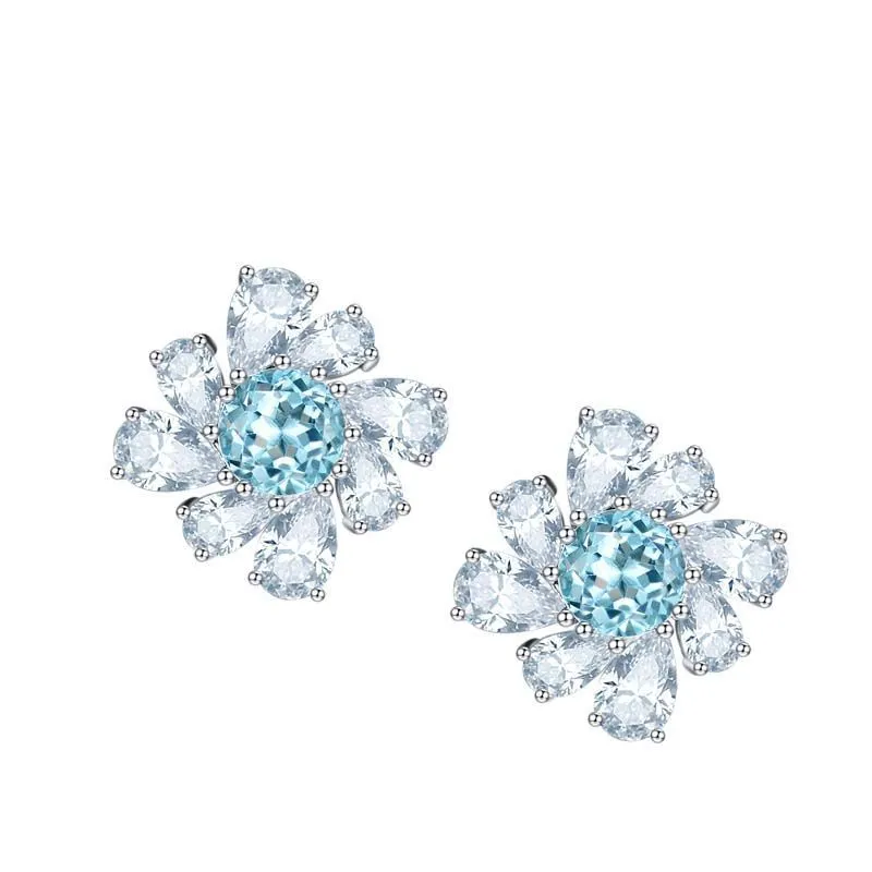 Natural Blue Topaz and Zircon Water Droplet Silver Stud Earrings