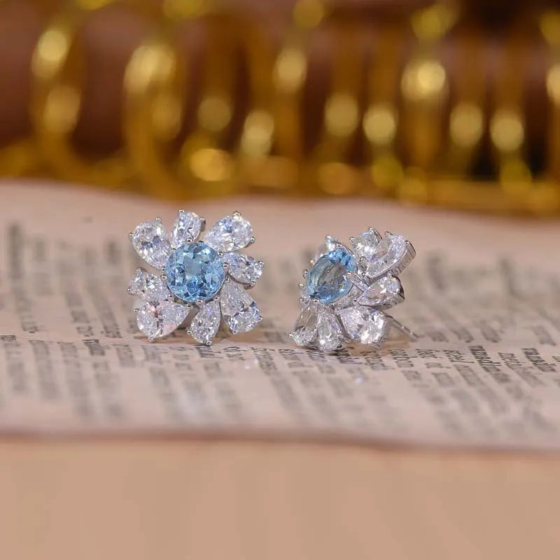 Natural Blue Topaz and Zircon Water Droplet Silver Stud Earrings