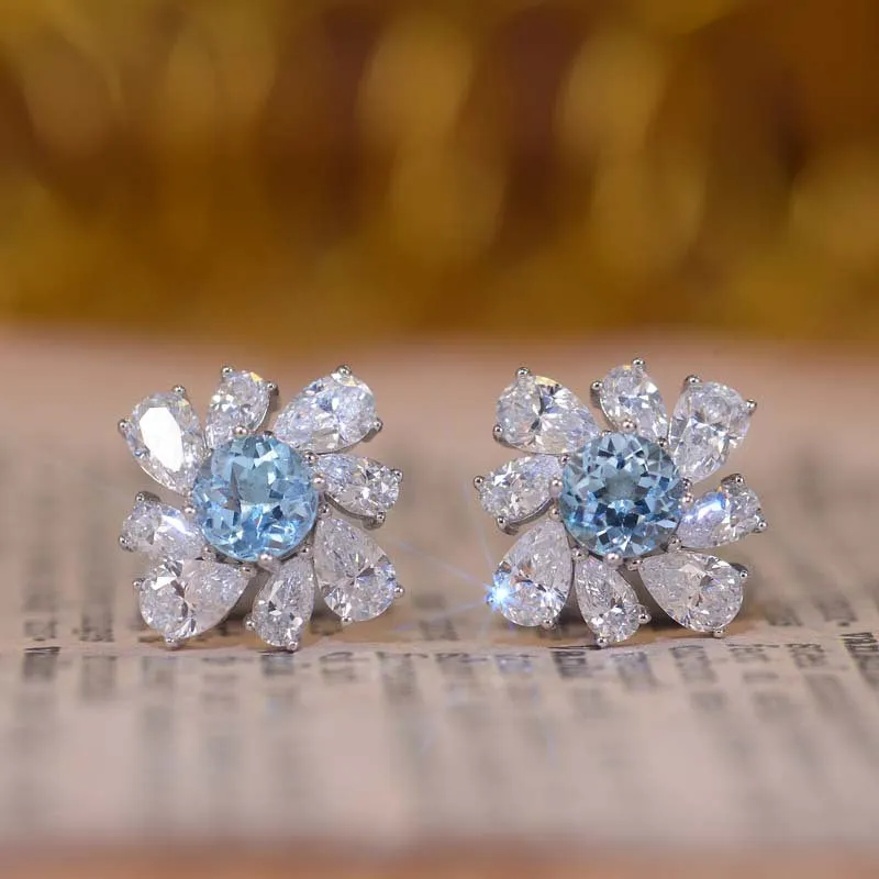 Natural Blue Topaz and Zircon Water Droplet Silver Stud Earrings