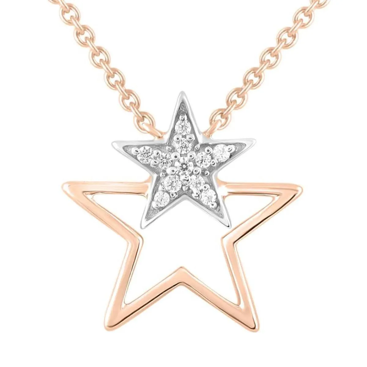 Natural Diamond Double Stars Pendant Necklace 10k Rose Gold Charm 18inch