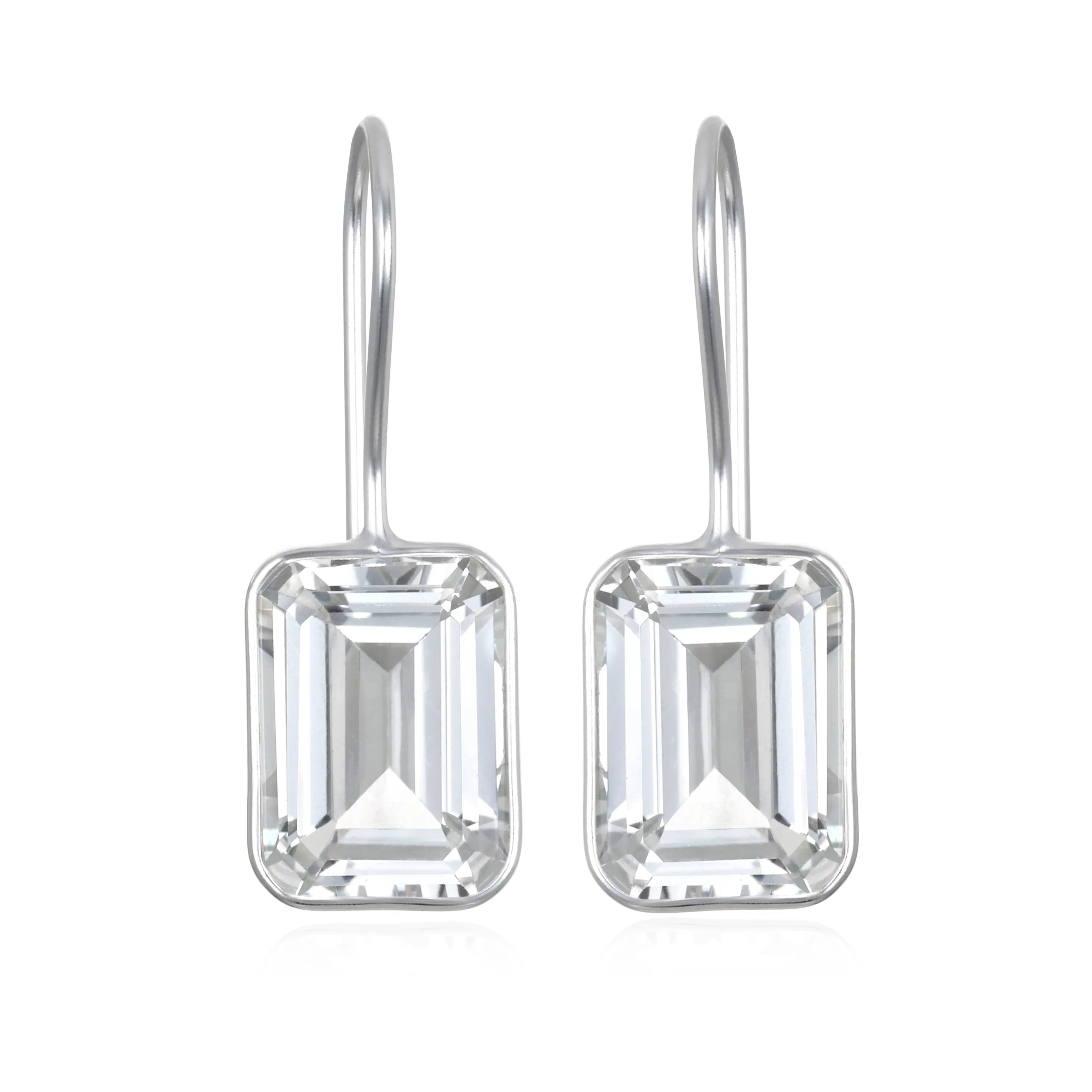 New! Bezeled Emerald Cut Dangles-White Topaz Silver