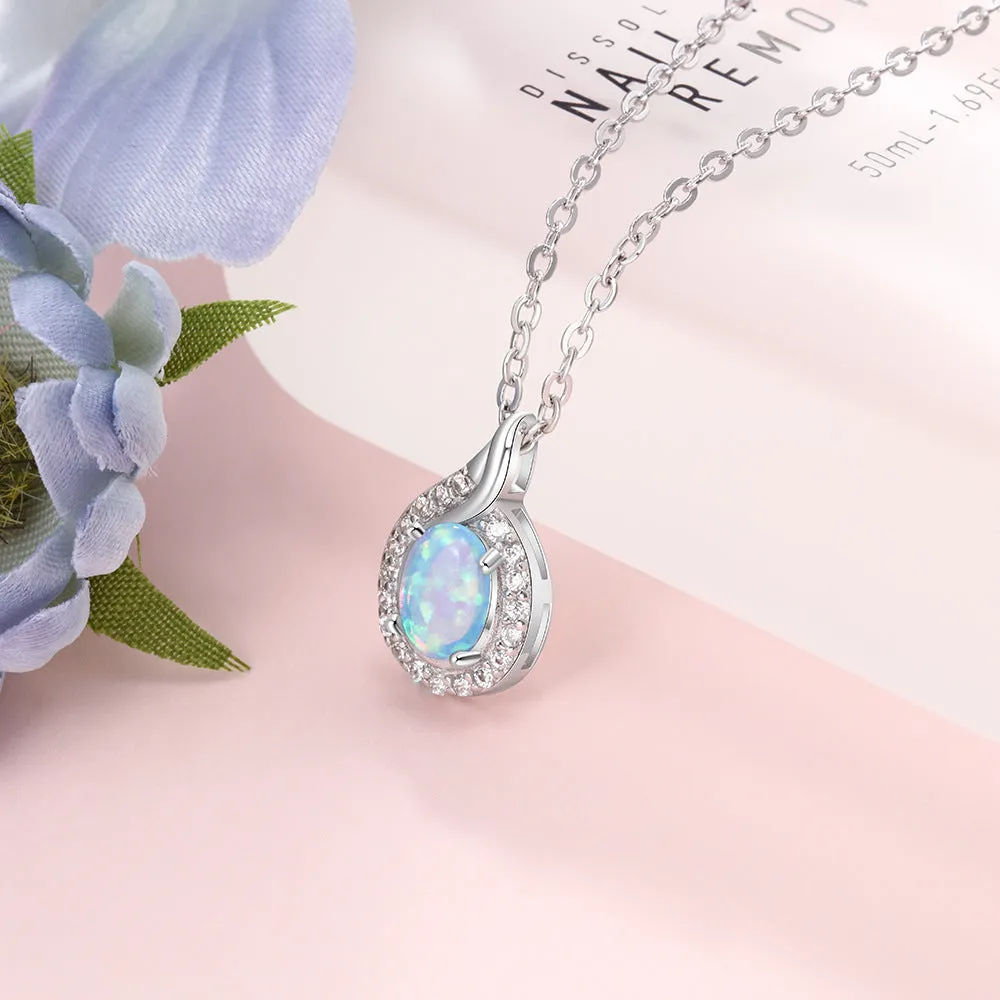 Oval Blue Opal Droplet Zircon Sterling Silver Necklace