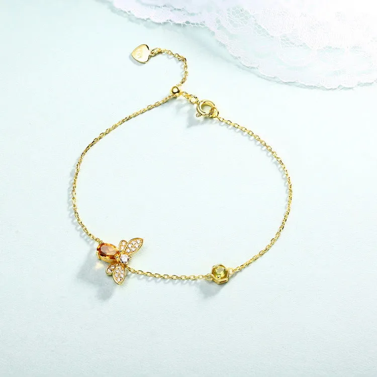 Oval Natural Yellow Crystal Little Bee Olivine Sterling Silver Bracelet