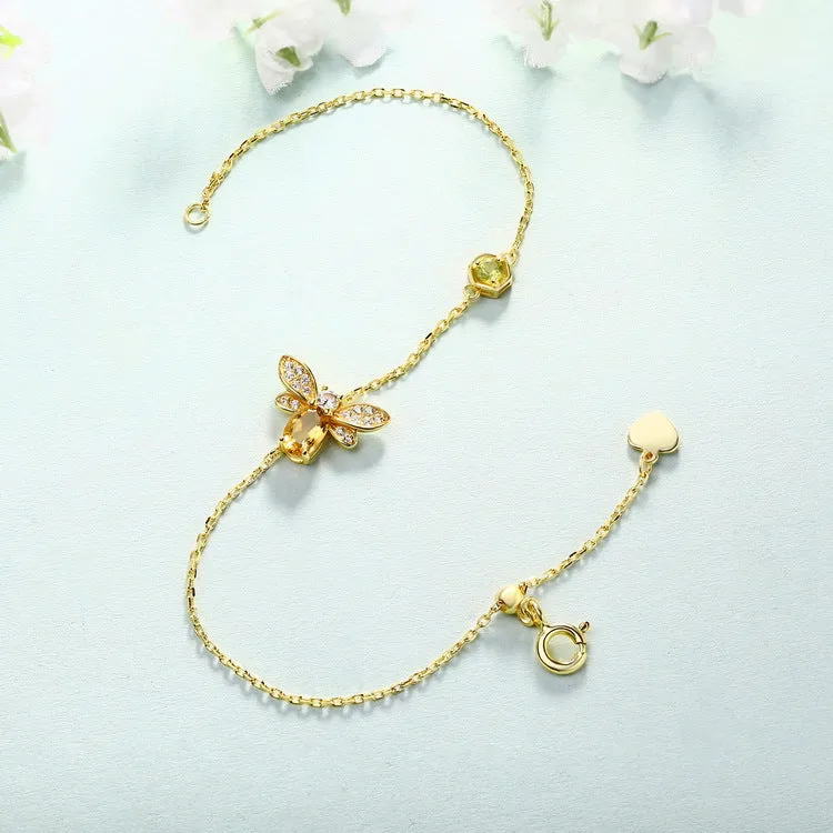 Oval Natural Yellow Crystal Little Bee Olivine Sterling Silver Bracelet