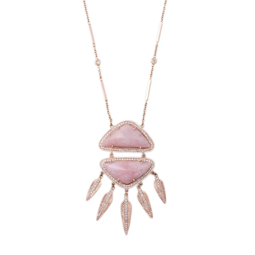 PAVE DOUBLE TRIANGLE PINK OPAL FEATHER SHAKER NECKLACE