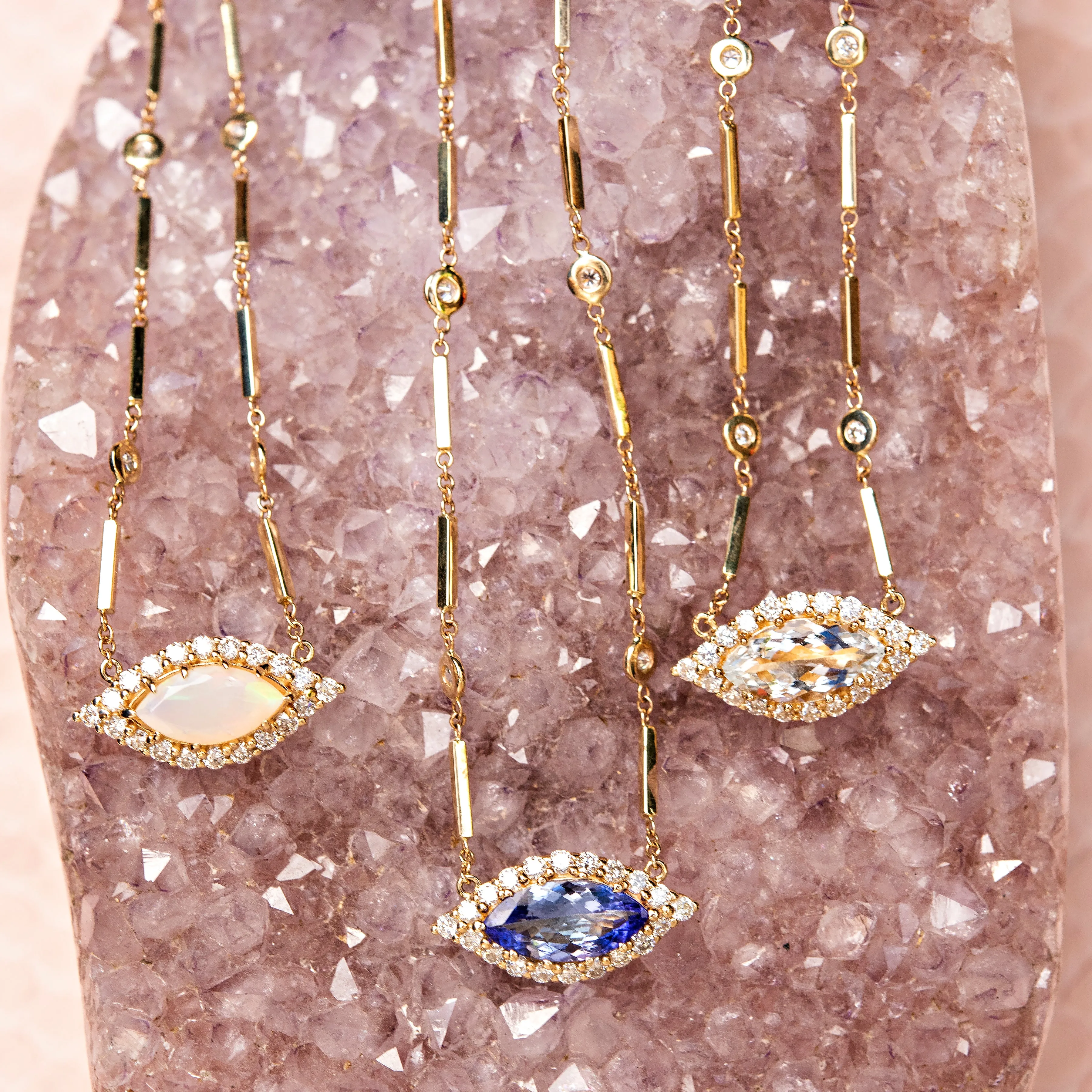 PAVE OPAL CENTER EYE DIAMOND SMOOTH BAR NECKLACE