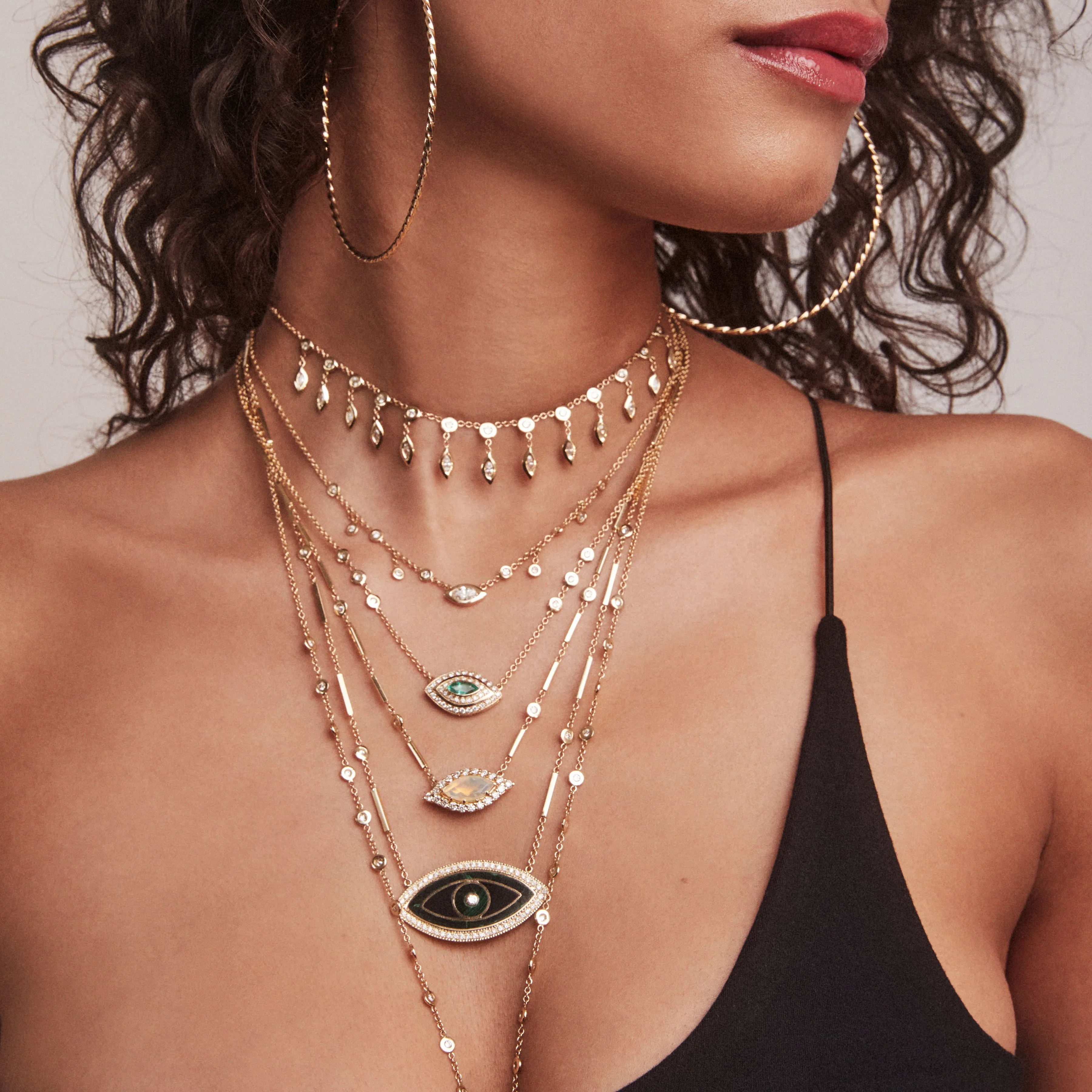 PAVE OPAL CENTER EYE DIAMOND SMOOTH BAR NECKLACE