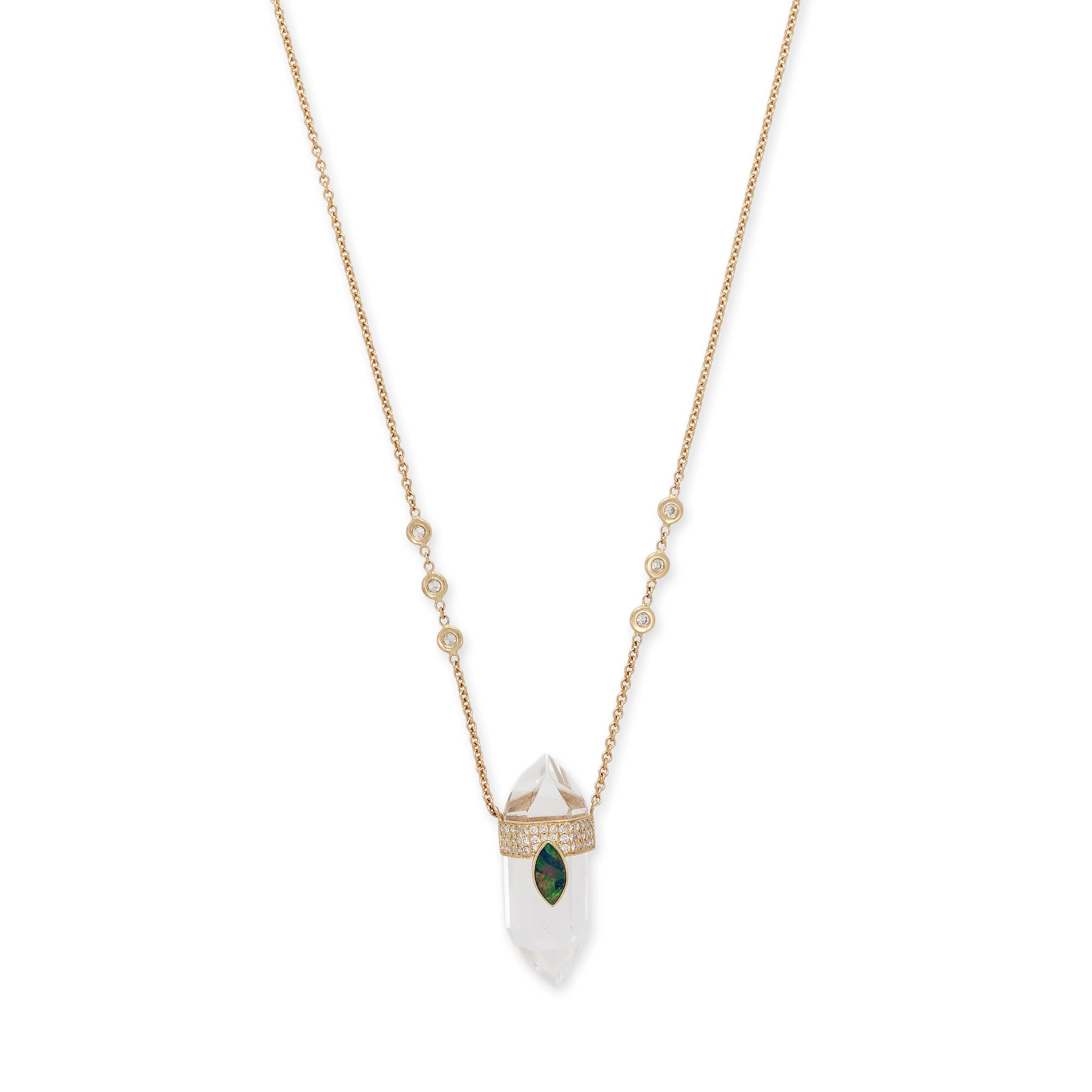 PAVE OPAL MARQUISE CAP   CLEAR QUARTZ CRYSTAL NECKLACE