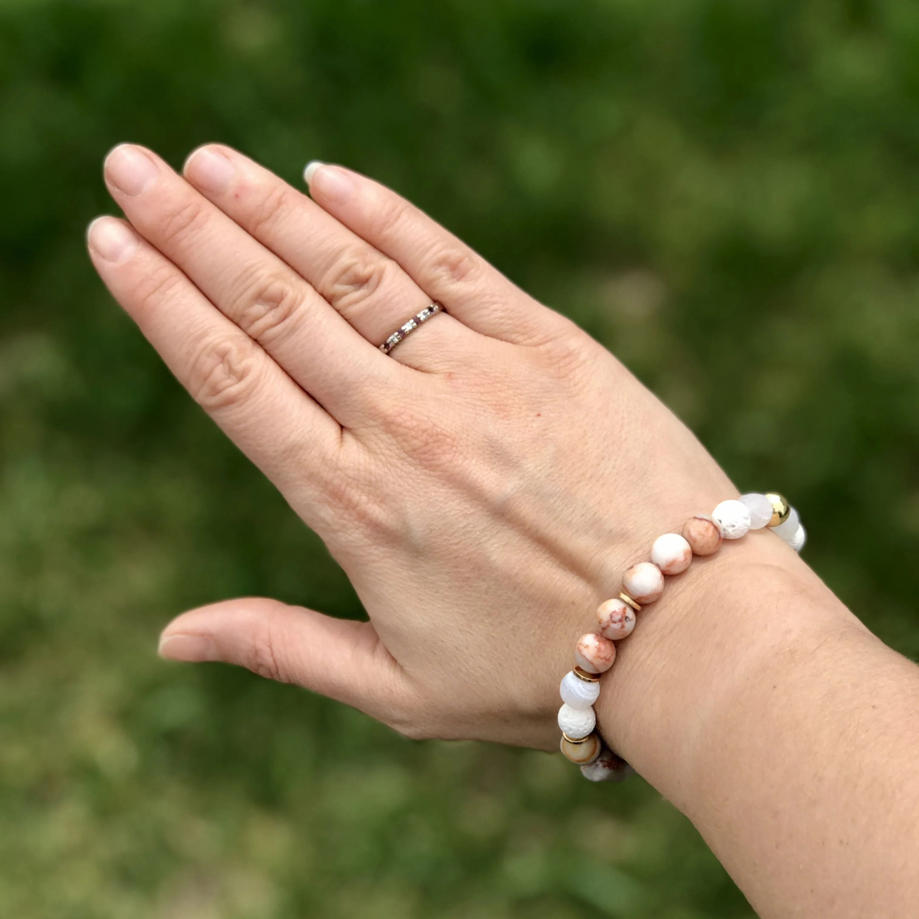 Pink Zebra Jasper, Rose Quartz Crystal, & White Lava Gemstone Bracelets