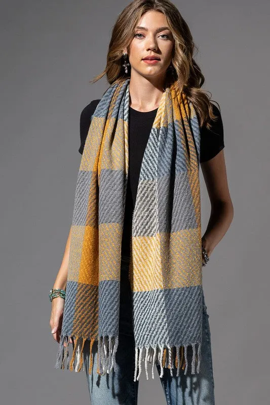 PLAID OBLONG SCARF WITH FRINGE