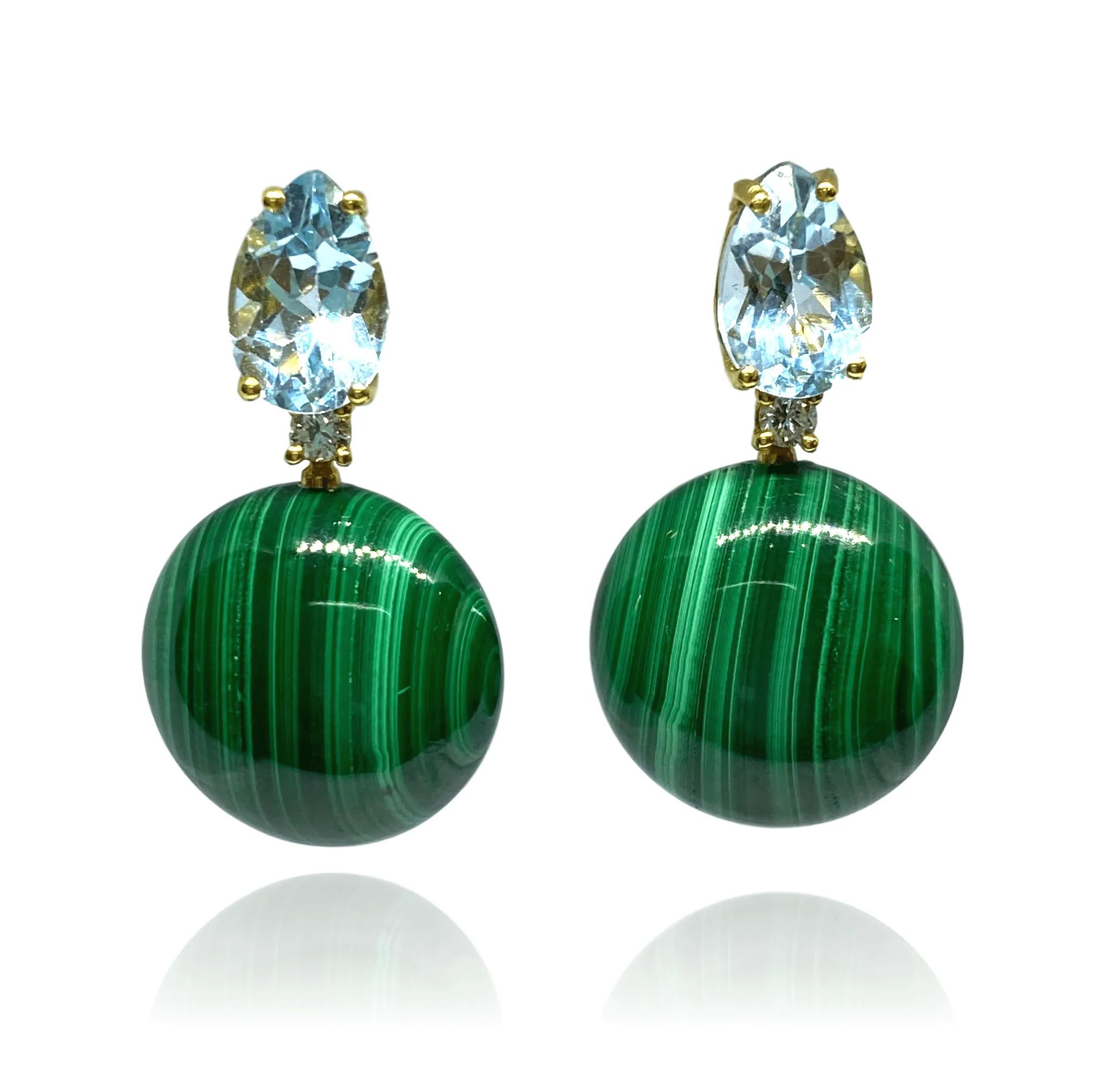 "Bonbon" Earrings with Natural Green Malachite and Blue Topaz, 18K Yellow Gold