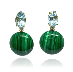 "Bonbon" Earrings with Natural Green Malachite and Blue Topaz, 18K Yellow Gold