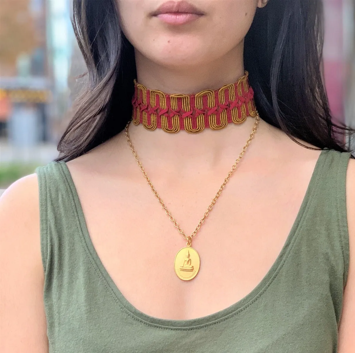 Red and Mustard Suede Braided Choker