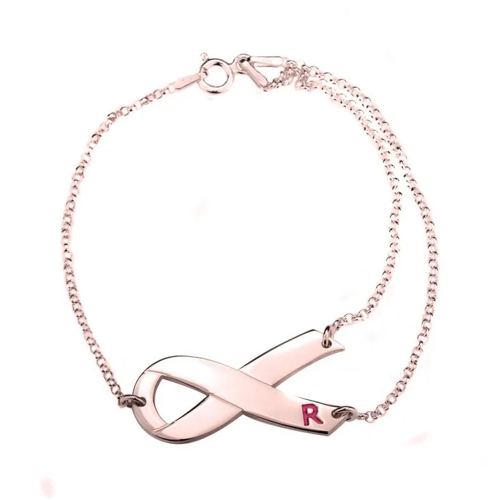 Ribbon Initial Bracelet,Sterling Silver,24K Gold,Rose Gold,Mother&#39;s Day gift, Birthday gift,Cancer Survivor gifts,Support Pink ribbon gift