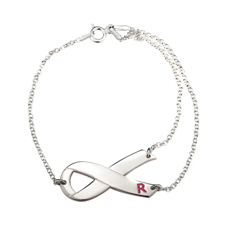 Ribbon Initial Bracelet,Sterling Silver,24K Gold,Rose Gold,Mother&#39;s Day gift, Birthday gift,Cancer Survivor gifts,Support Pink ribbon gift