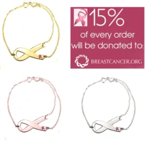 Ribbon Initial Bracelet,Sterling Silver,24K Gold,Rose Gold,Mother&#39;s Day gift, Birthday gift,Cancer Survivor gifts,Support Pink ribbon gift