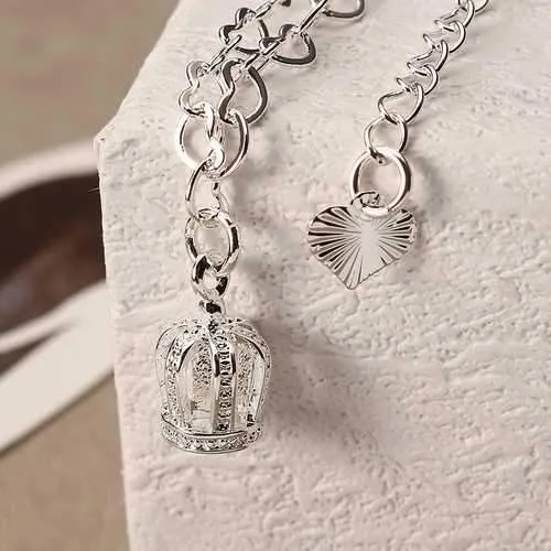 Silver Plated Heart Chain Crown Pendant Irregular Plate Anklet Women Jewelry