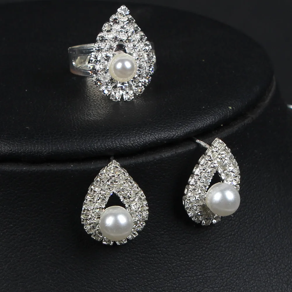 Silver vintage pearl zircon necklace earrings bracelet ring four-piece set